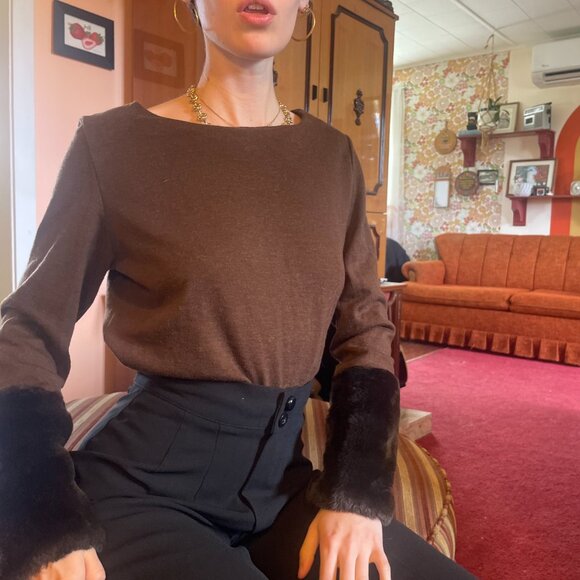 Y2K wool blend fur sleeve brown boatneck cropped sweater! - Picture 8 of 14